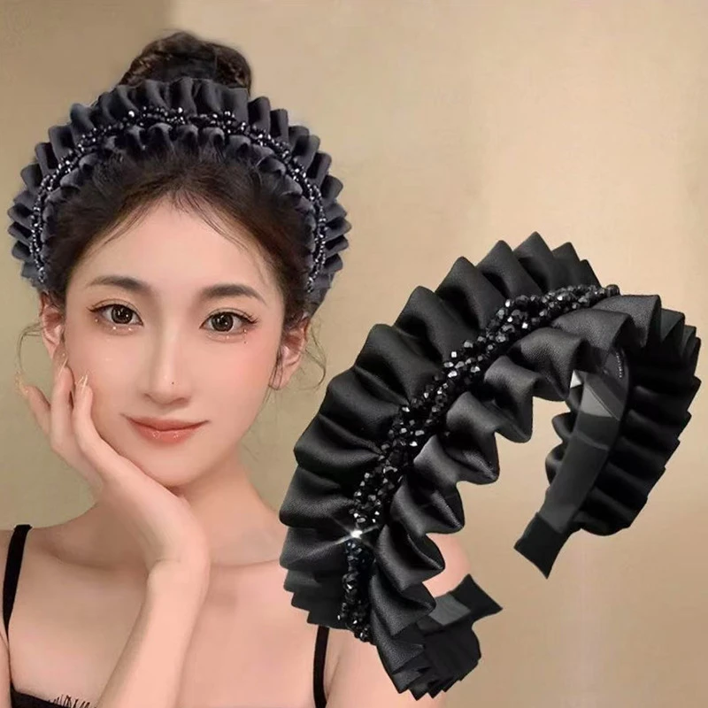 气质黑色高颅顶减龄头箍高黑球编织密褶发箍防滑带齿发卡高级感女