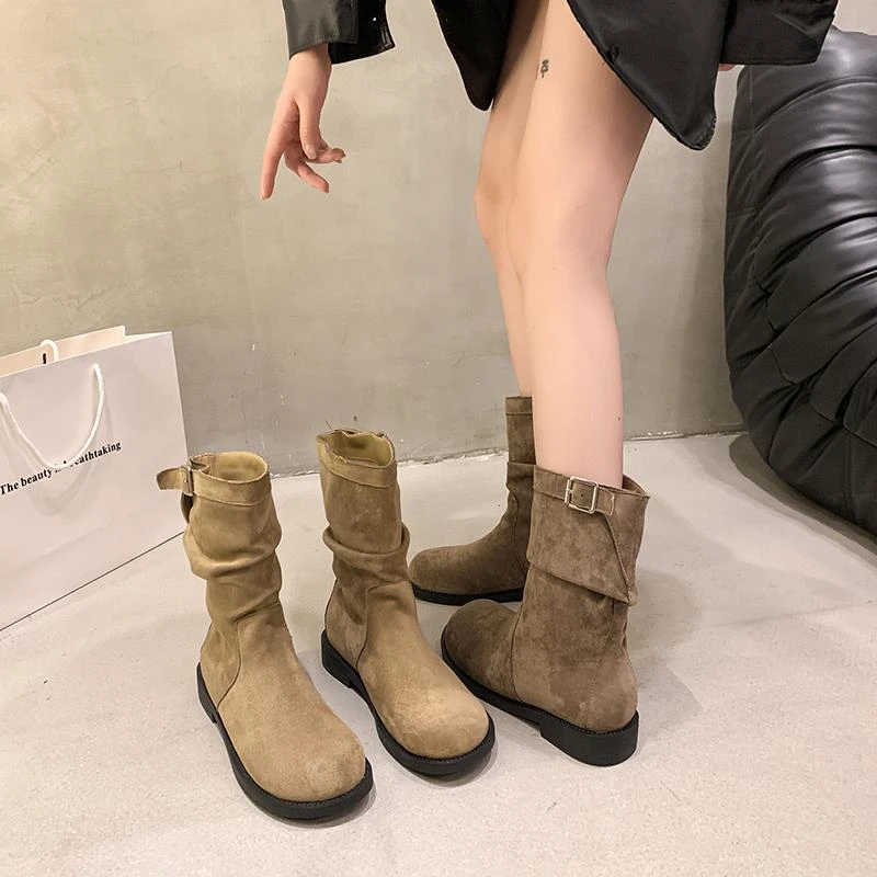 FAVMARTHA中筒短靴女2025春秋新款百搭复古骑士堆堆靴子平底套筒