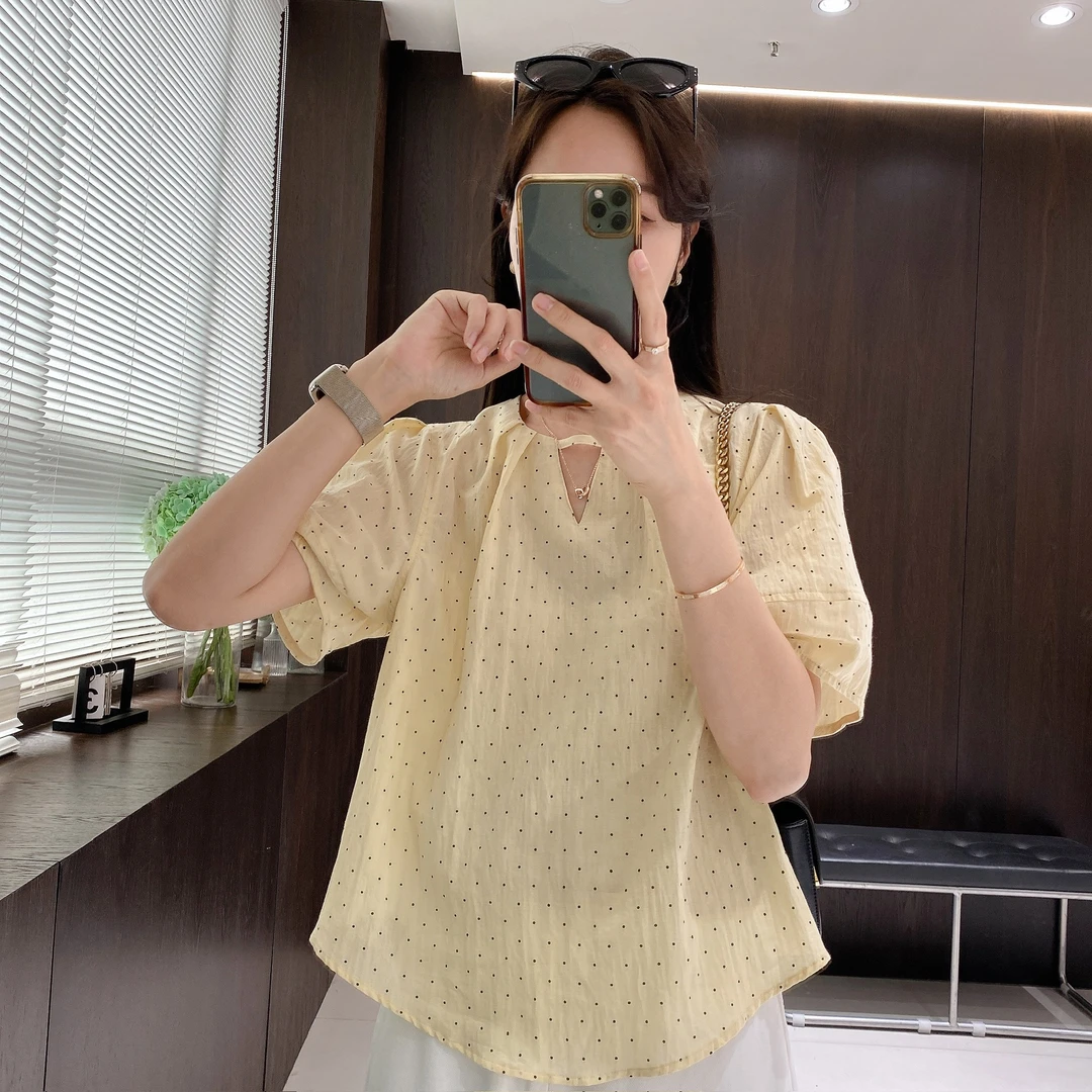 IMFLY金小金自制女装 衬衫DYW9133甜美波点泡泡袖设计感宽松衬衫