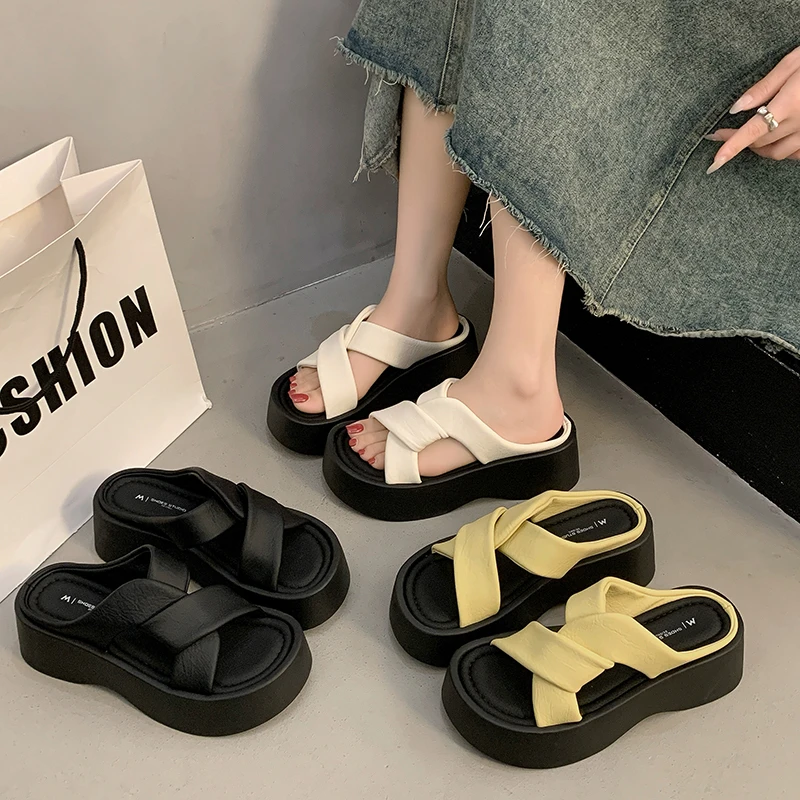 【芙俪兰】夏季新款百搭交叉带厚底一字拖外穿显瘦凉拖鞋