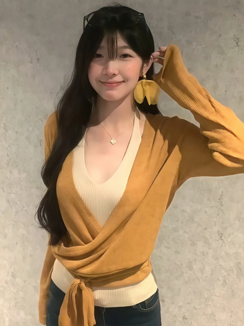 秋装搭配一整套韩系V领收腰绑带针织罩衫吊带背心叠穿上衣套装女