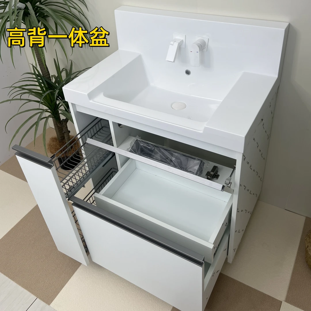 日式高背盆浴室柜组合人造石一体盆卫生间侧边收纳拉篮洗脸洗手盆