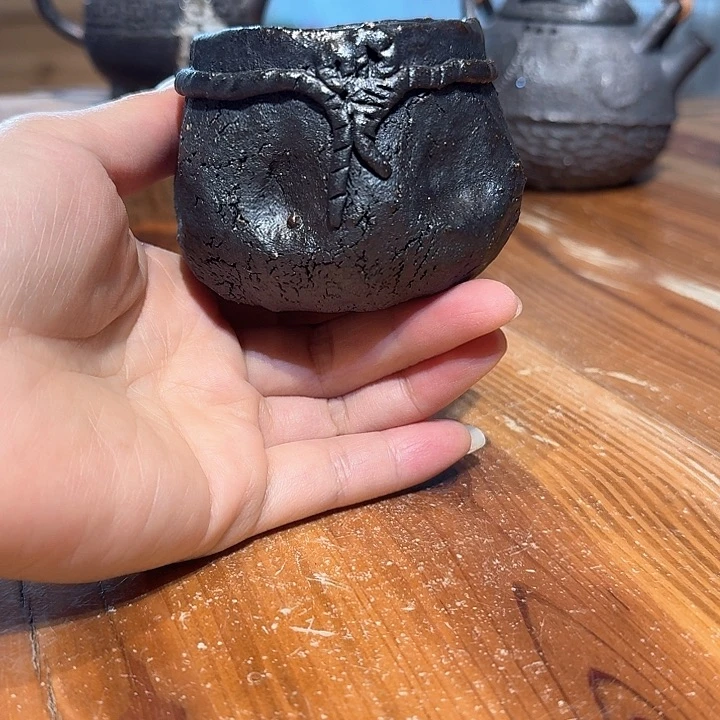 杯柴烧黑陶手捏主人杯