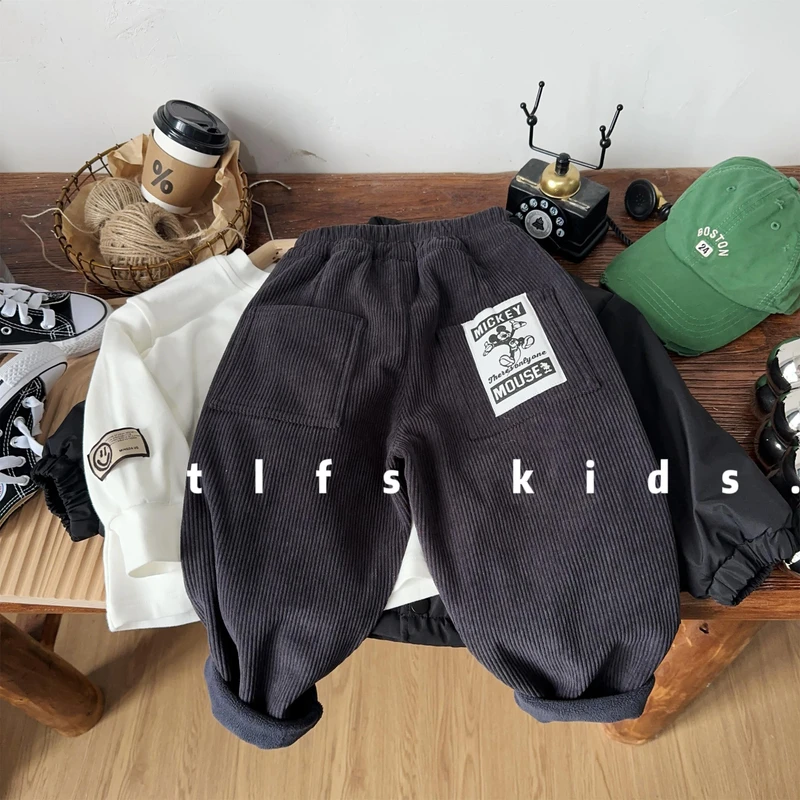 童例「25522小老鼠贴标加绒条绒裤」冬男女童加绒长裤百搭宽松潮流