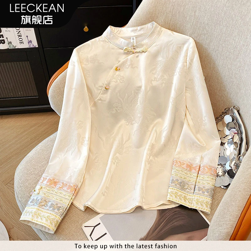 黎客新中式缎面提花长袖衬衫女秋季2025新款国风立领刺绣气质衬衣