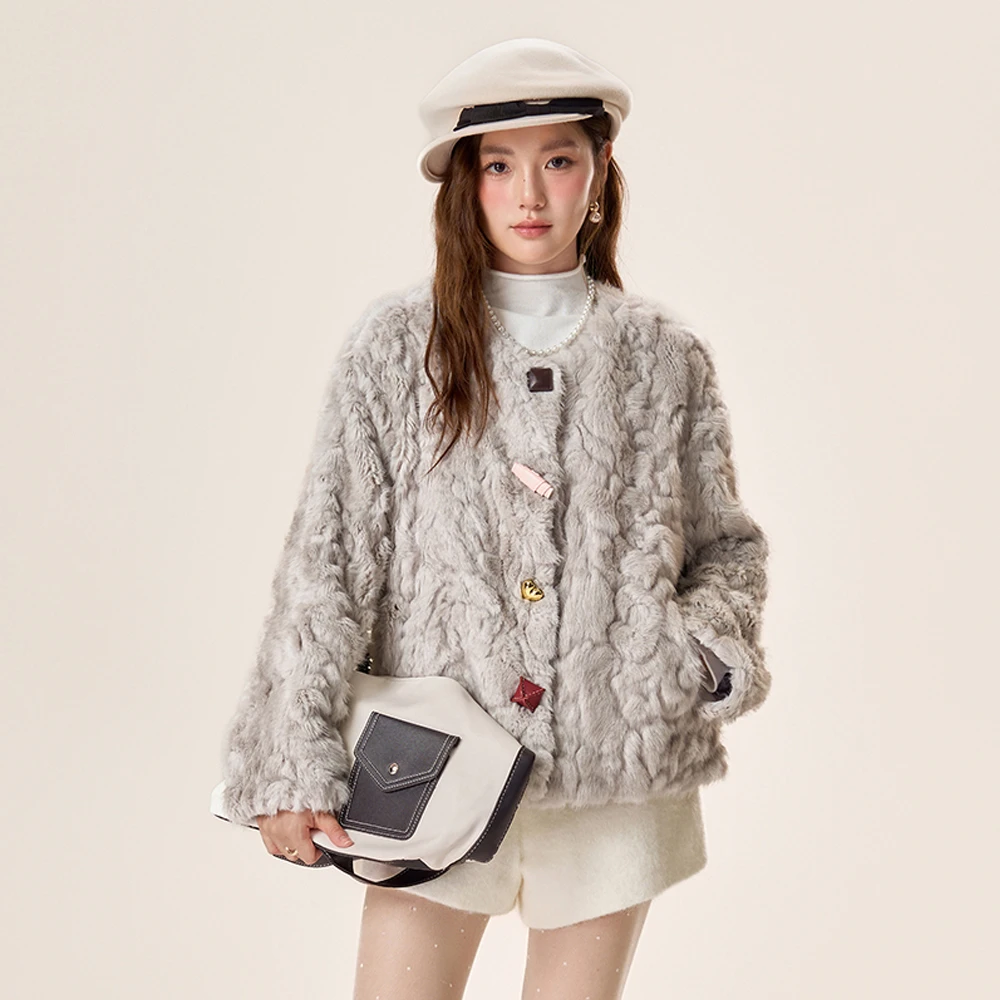 法式高级感小香风仿皮草皮毛一体外套女冬季圆领短款毛毛保暖上衣