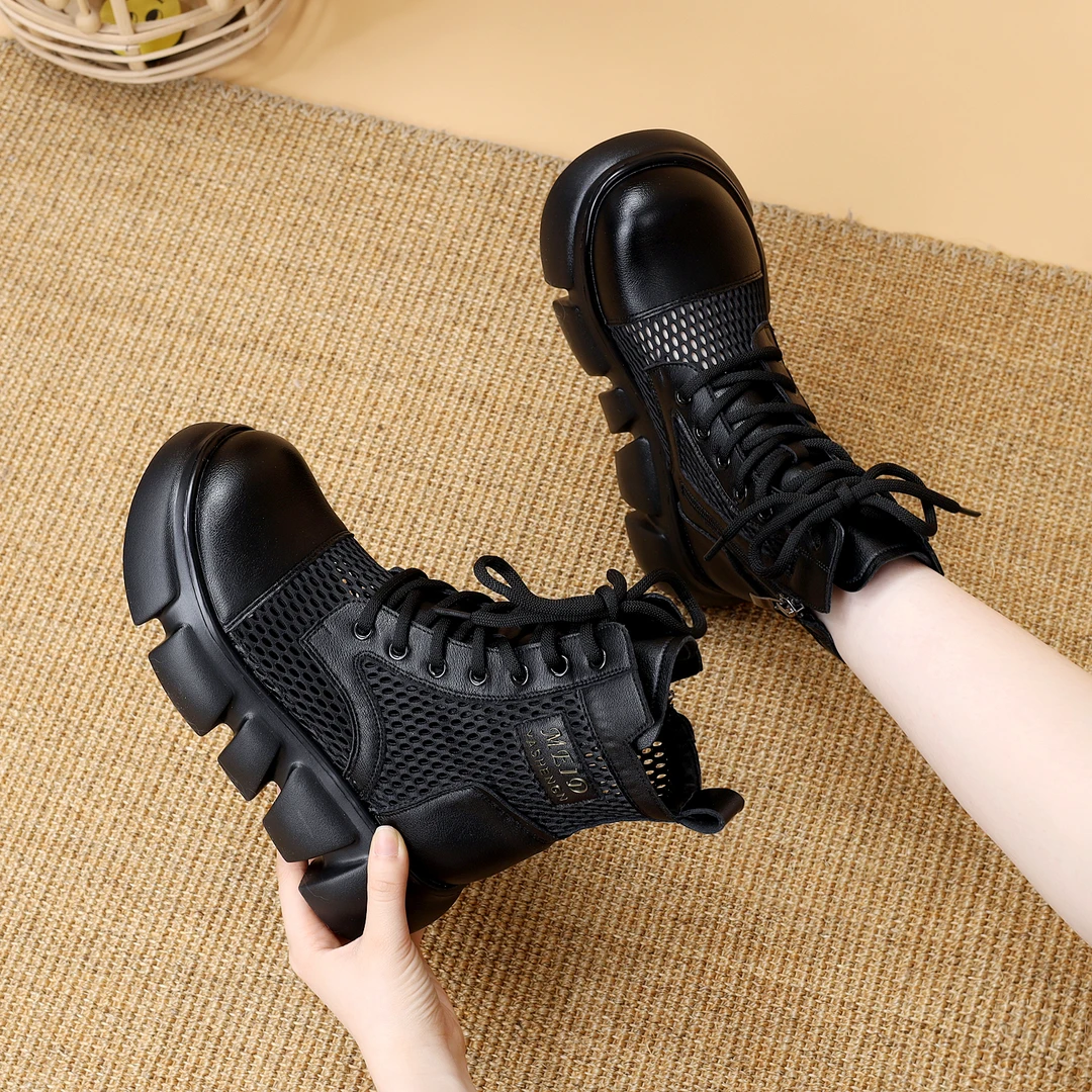 复古镂空马丁靴女夏季新款时尚凉靴小个子厚底洞洞鞋舒适轻便网靴