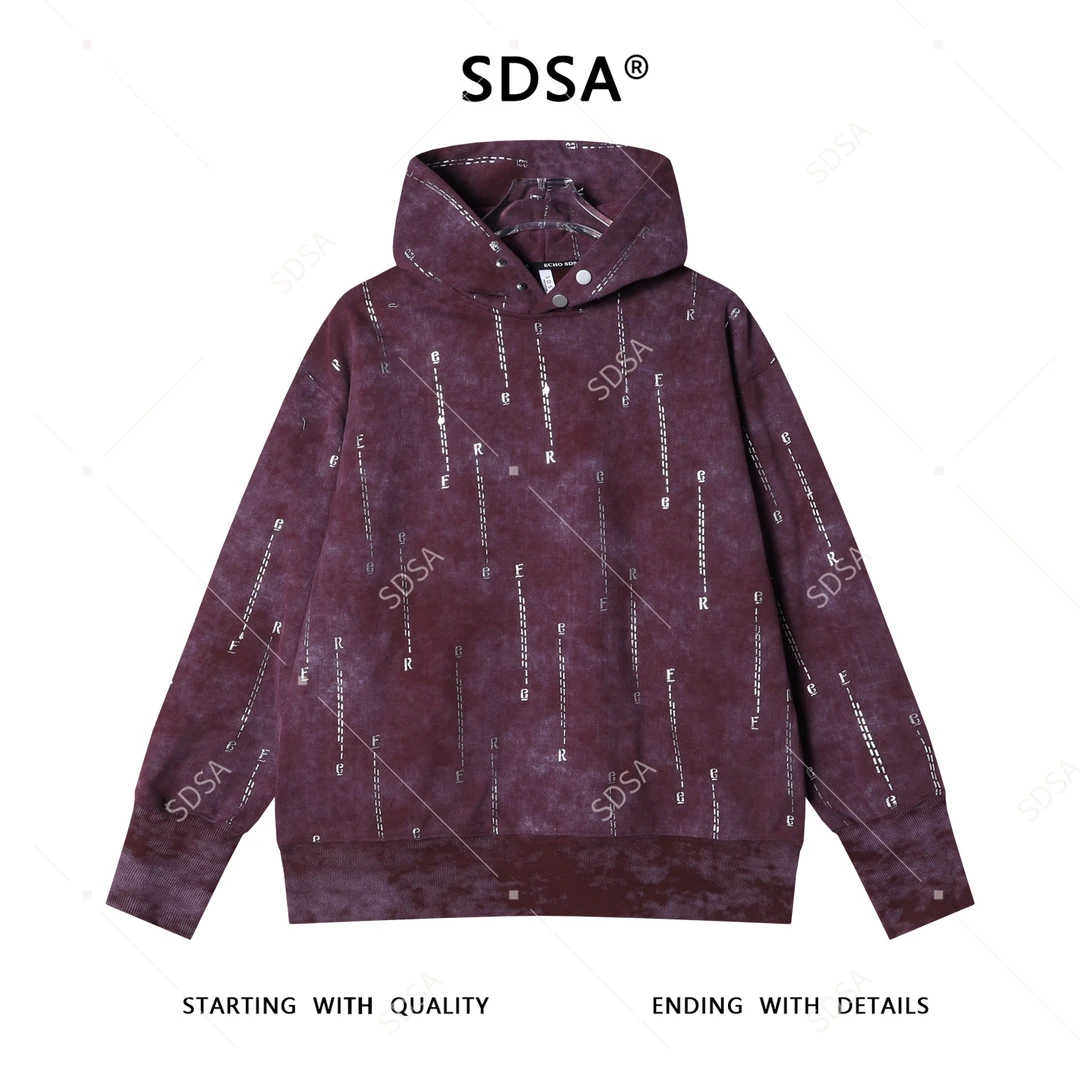 SDSA秋冬新款痞帅男装潮牌扎染滴胶虚线字母按扣连帽卫衣百搭宽松