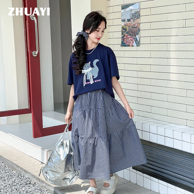 朱阿姨2025夏季女大童套装【短袖+格子半裙】2件套韩版（25217351）2
