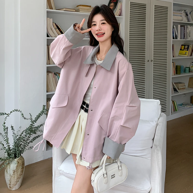 撞色拼接小个子粉色中长款风衣女2025秋季新款韩版学院风减龄外套