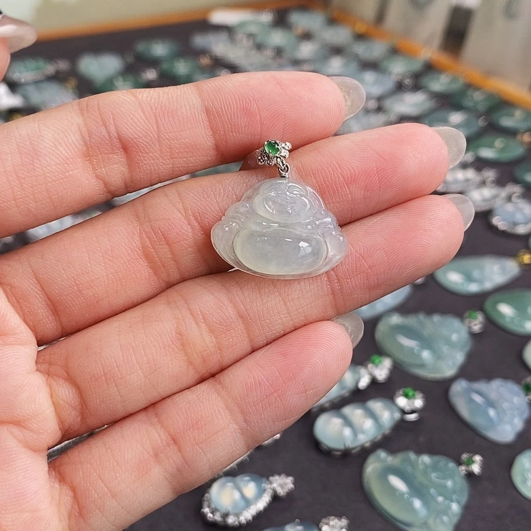 翡翠18K金镶嵌吊坠(赠链)天然缅甸A货翡翠佛公