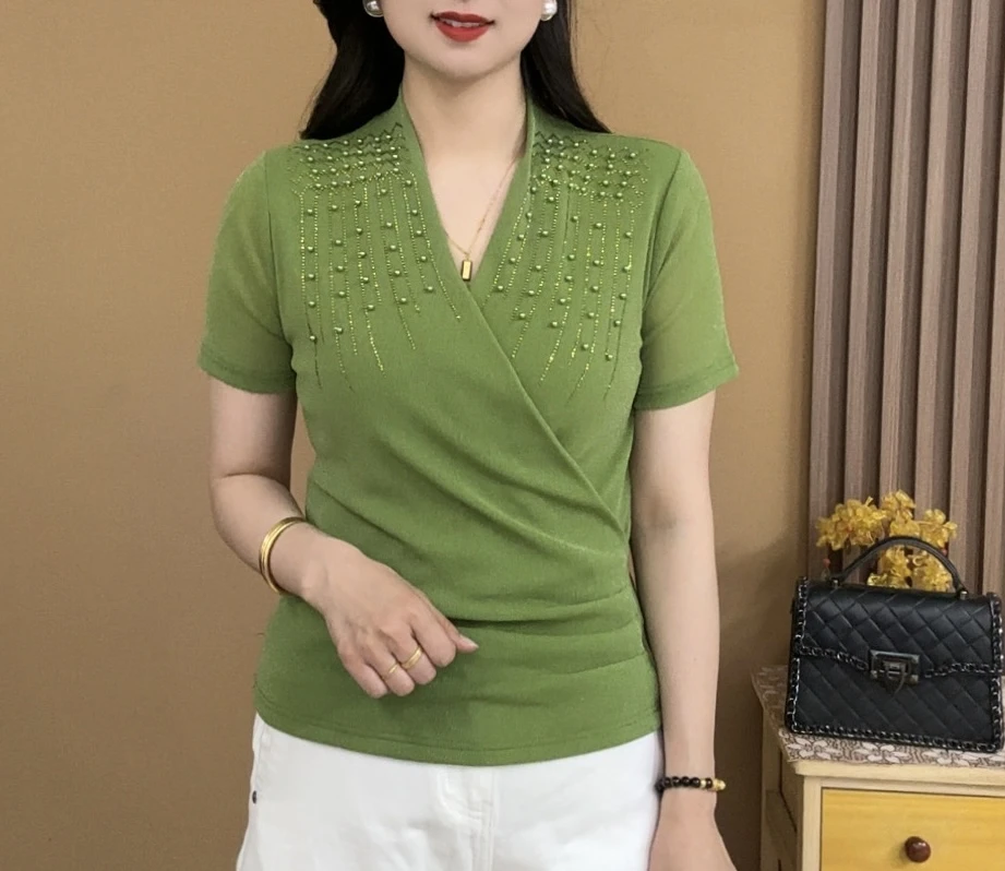 2025夏季新款短袖网纱时尚气质显瘦交叉领钉珠纯色上衣小衫2552