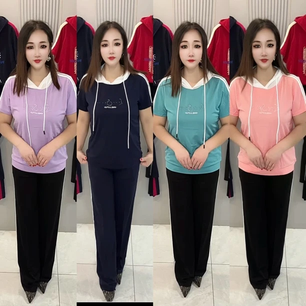 夏季时尚休闲连帽运动服薄款显瘦短袖套装女