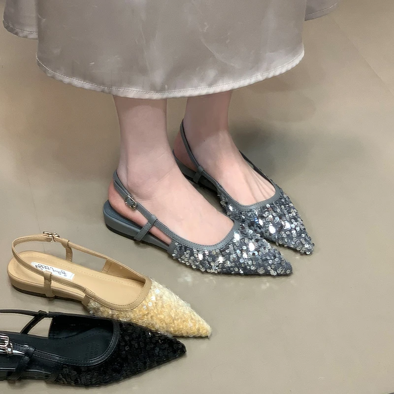亮片尖头气质后绊带时装凉鞋2025夏季新款低跟通勤高级感女鞋