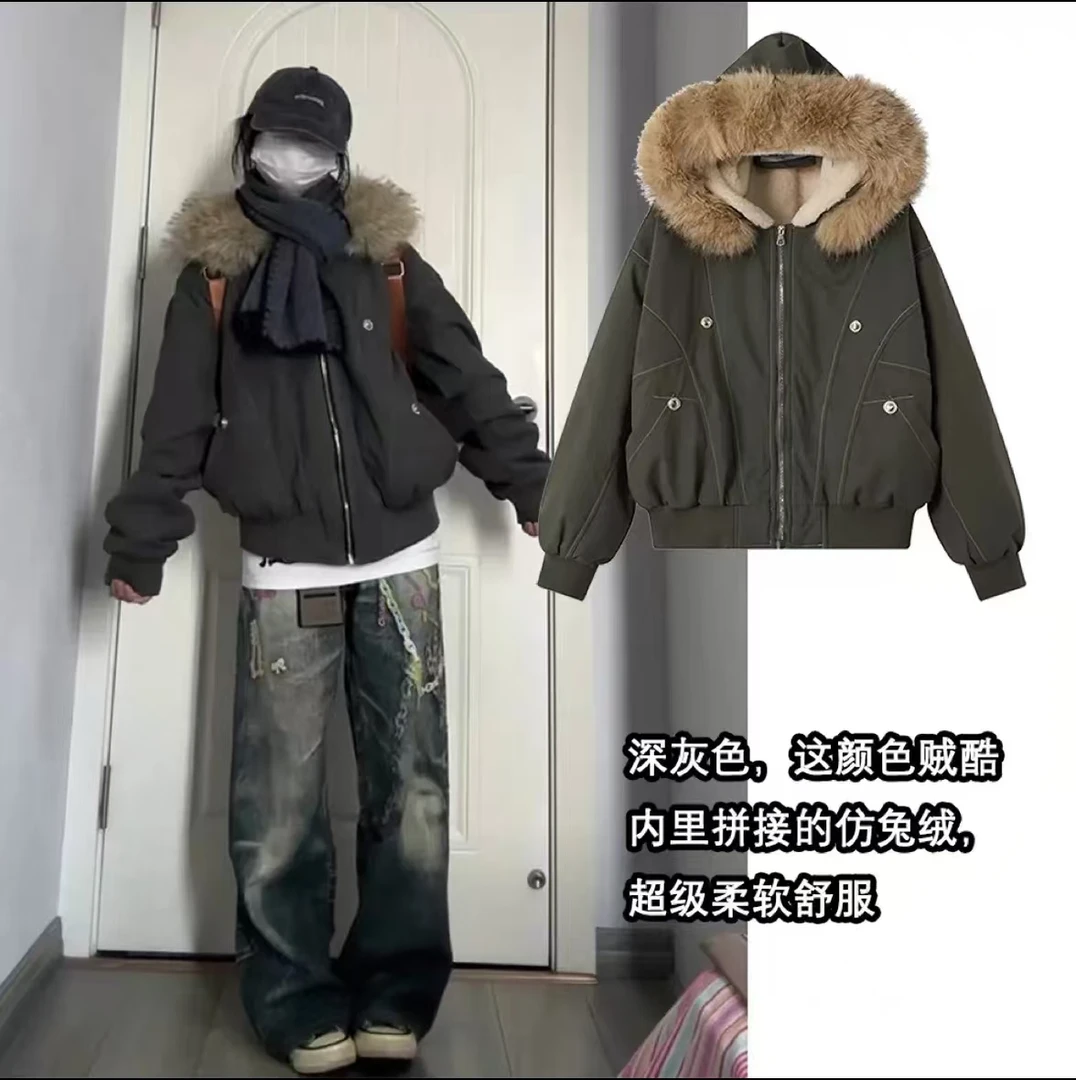 美式复古座山雕冬装派克棉服女款2025新款加厚棉袄仿兔毛工装外套