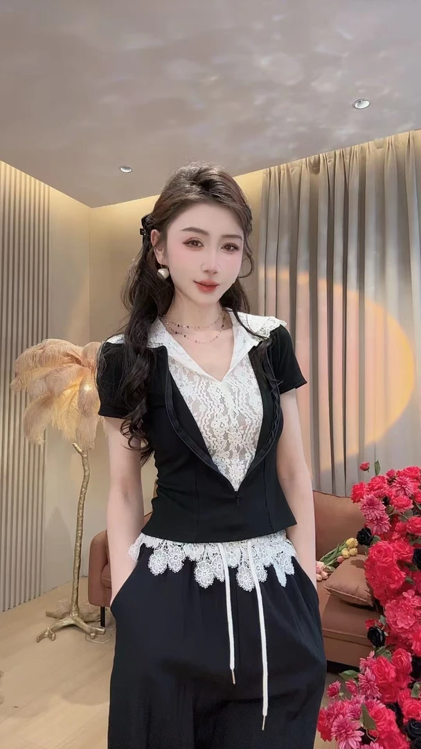 【美美专享】77955蕾丝拼接连帽短袖打底衫假两件T恤上衣女