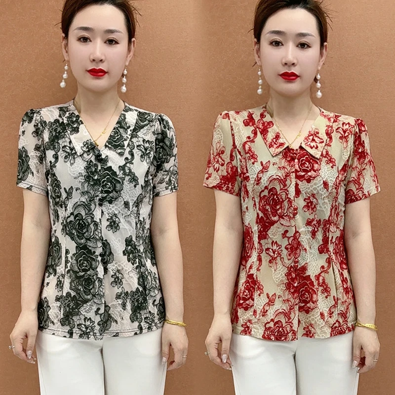 娃娃领薄款遮肚短袖妈妈夏装新款中老年女装夏季吸湿透气小衫