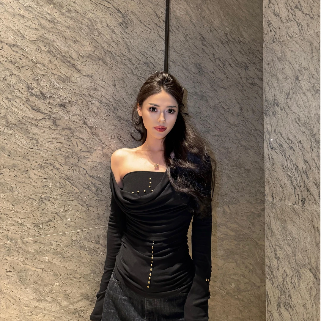 纯欲风性感辣妹长袖柳钉抹胸T恤两件套女修身显瘦设计感上衣