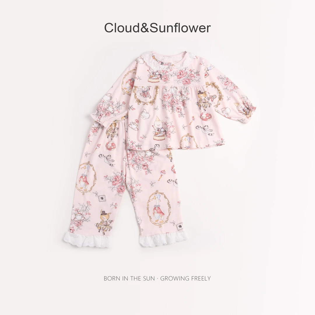 女童卡通动物满印蕾丝花边圆领家居服（46棉46莫代尔8氨纶）250204