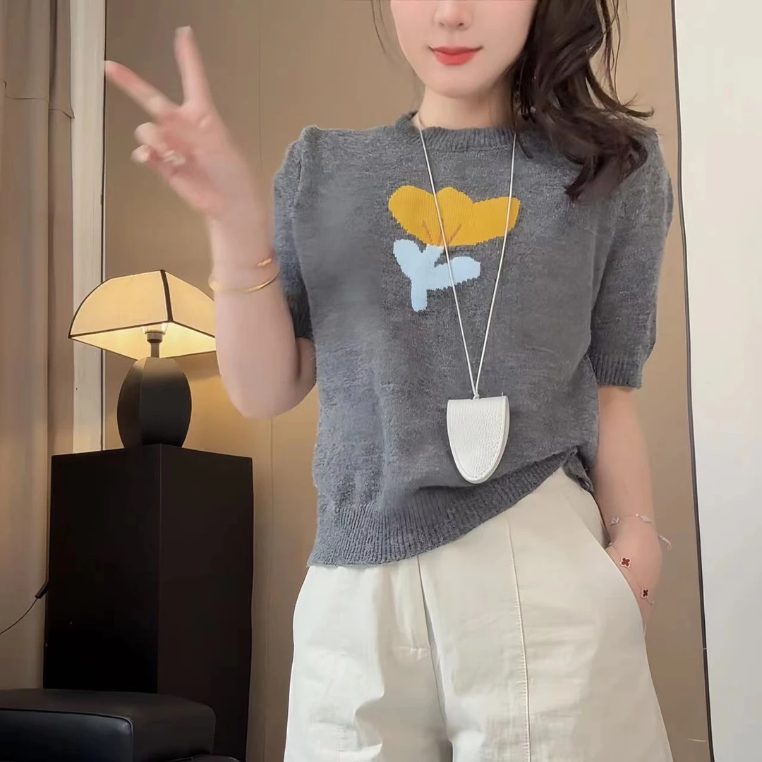 2025新款韩系别致花朵针织短袖T恤女夏季宽松显瘦百搭圆领上衣