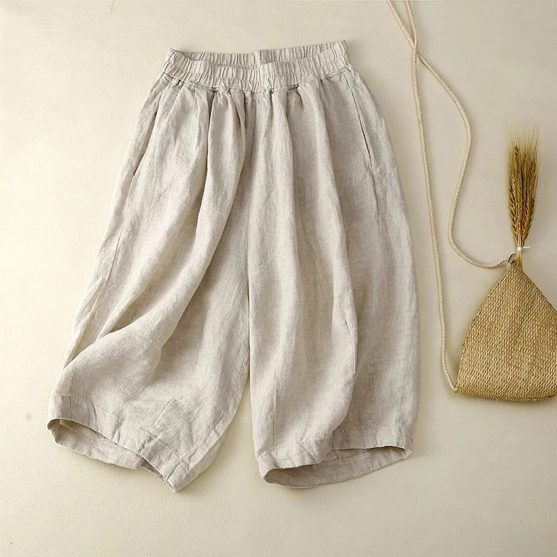 【现货+运费险】棉麻文艺阔腿短裤薄款半松紧显瘦女休闲五分裤Y575
