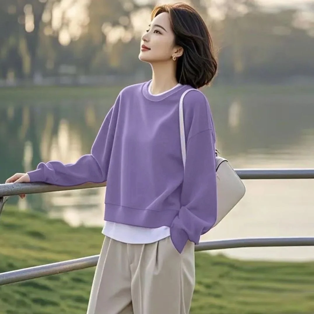 高级感小众圆领卫衣女2025春季新款宽松假两件套头百搭洋气上衣春