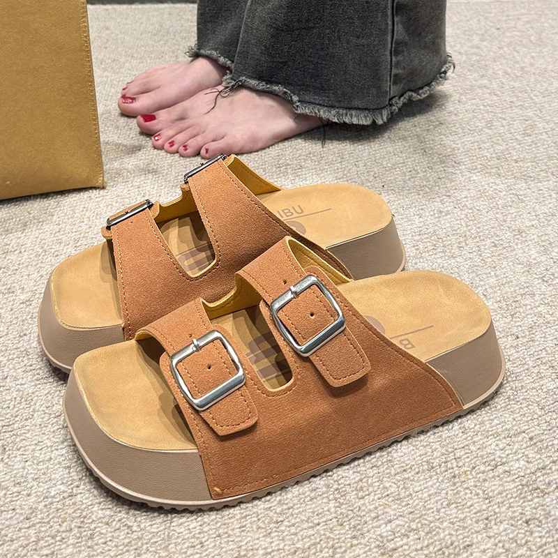 厚底一字拖鞋女外穿2025夏季新款时尚百搭皮带扣舒适防滑沙滩凉鞋