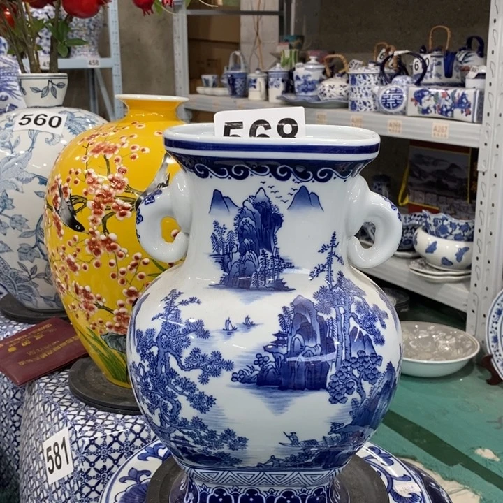 摆件猷*手绘陶瓷扁瓶花瓶