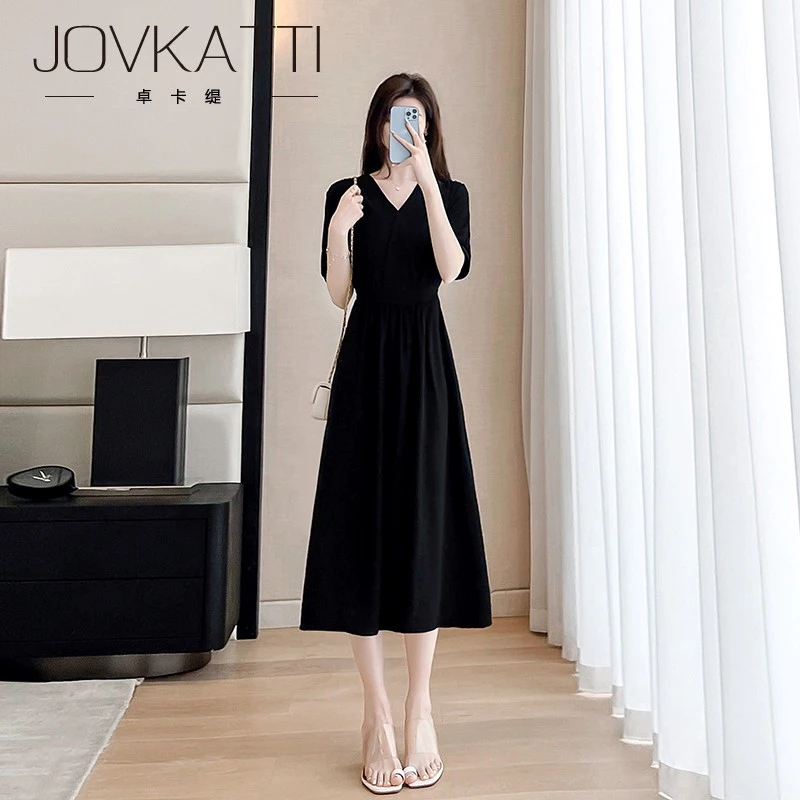 黑色赫本风气质v领雪纺连衣裙2025夏季新款韩版收腰显瘦a字裙子女