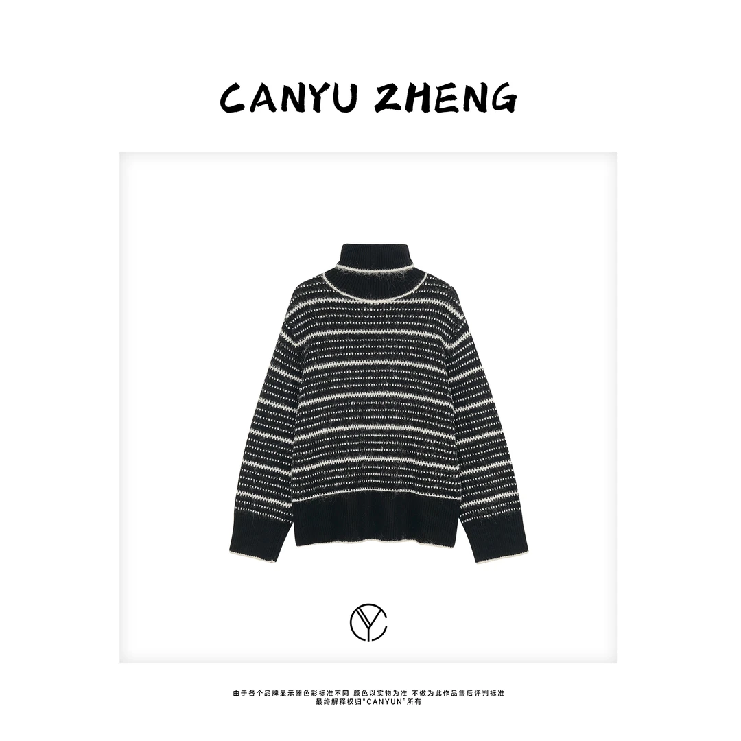 CANYU 羊毛混纺 高密织造虚线提花高领条纹针织毛衣