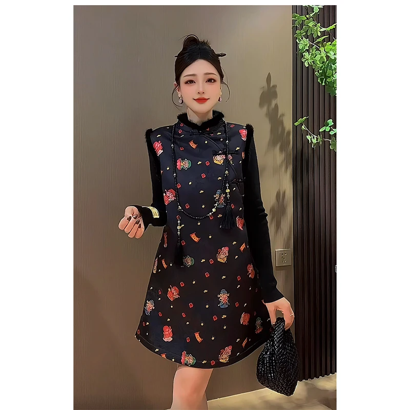 【迎财神】过年国风新中式加绒加厚旗袍水貂毛无袖背心裙短裙子女装