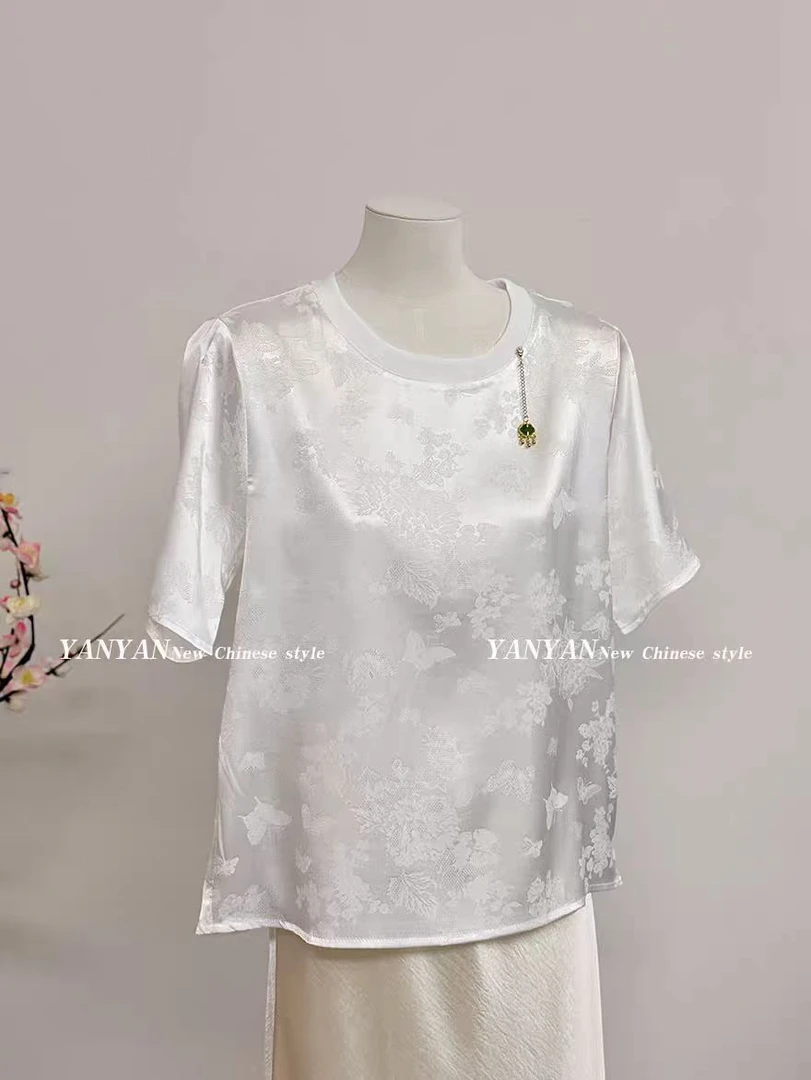 【南城风月-短袖】新中式圆领提花夏季短袖上衣2025年新款