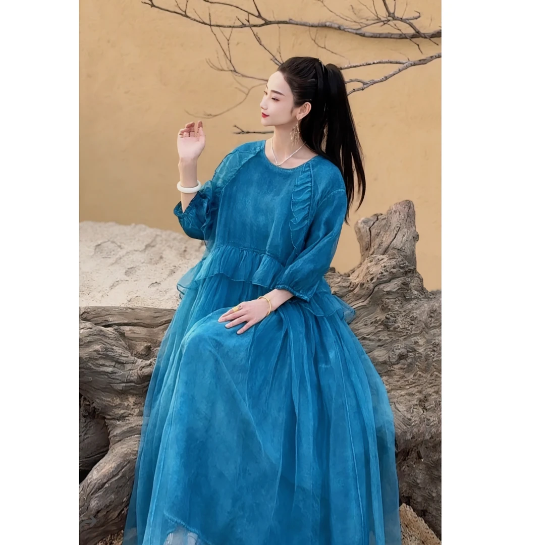 【雀之蓝】YAMO2025春夏新款植物染阔版典雅宽松桑蚕丝连衣裙