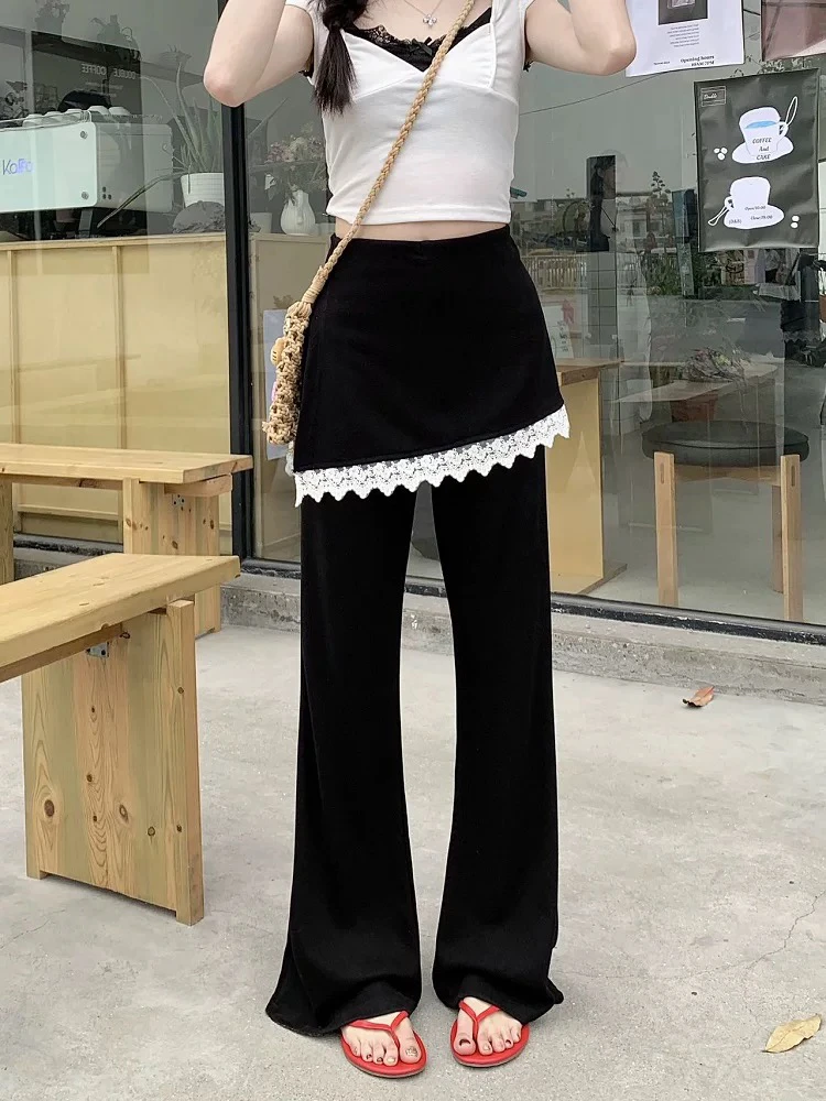 设计感蕾丝花边假两件休闲裤女春季2025新款韩版高腰拖地微喇裤子