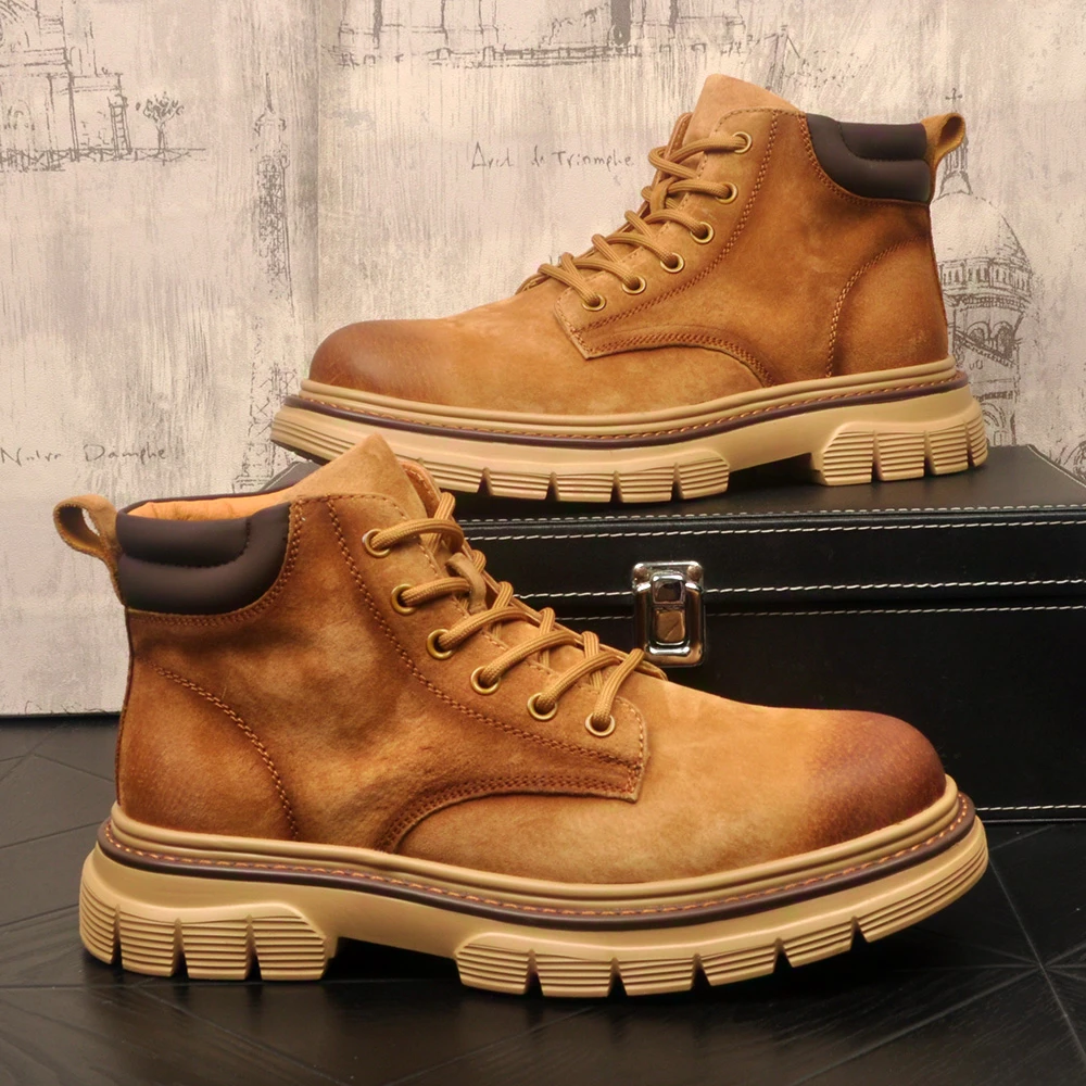 秋季新款真皮马丁靴男士轻底大黄靴英伦风男皮靴厚底内增高工装靴