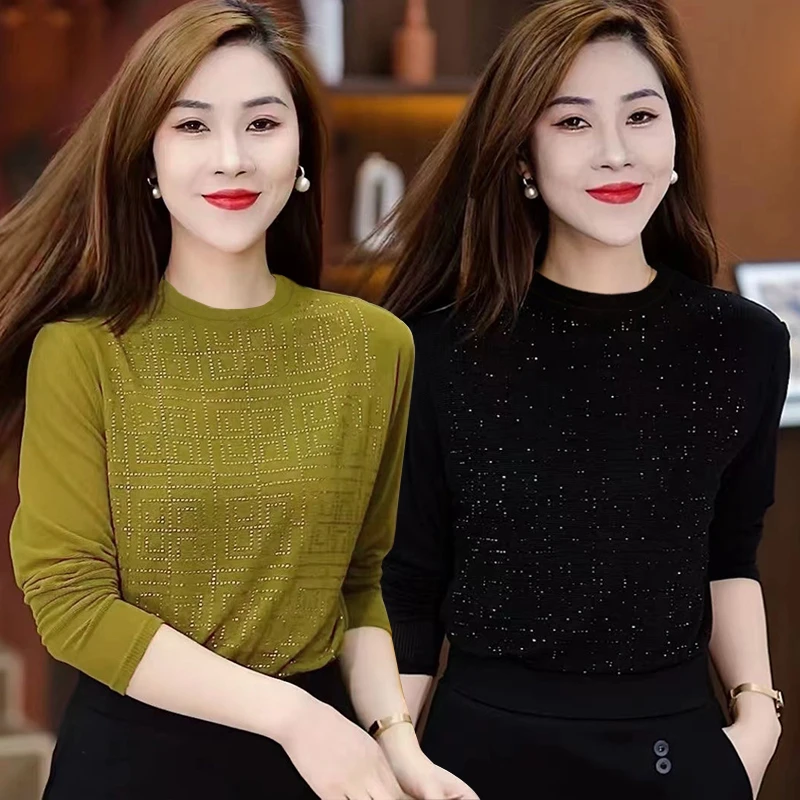 烫钻长袖上衣女秋圆领时尚洋气减龄妈妈装气质百搭打底衫