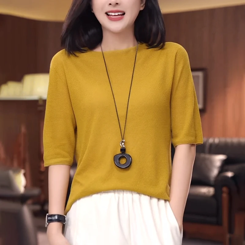 2025夏季新款正肩针织T恤女时尚显瘦减龄洋气高级感中袖休闲上衣