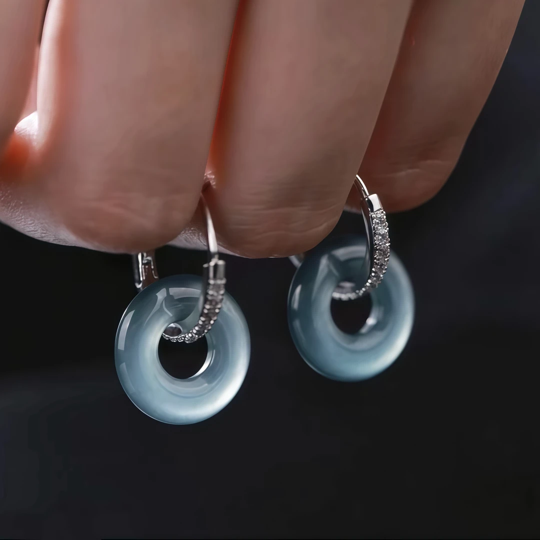 凯百瑞新款天然高冰种蓝龙起光翡翠平安扣耳环百搭高货耳坠耳饰女