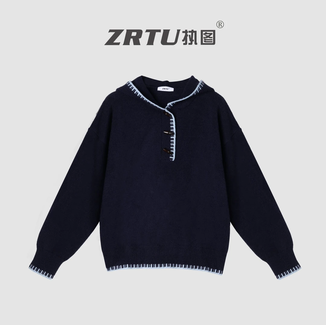 ZRTU/执图连帽毛衣女半开襟牛角扣宽松针织衫秋冬休闲上衣