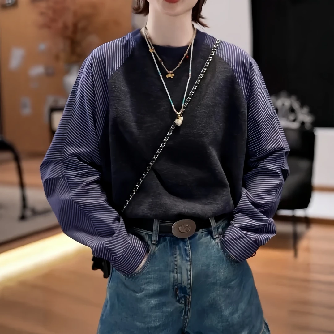 设计感拼接条纹卫衣女2025秋季新款大码胖MM圆领减龄百搭长袖上衣