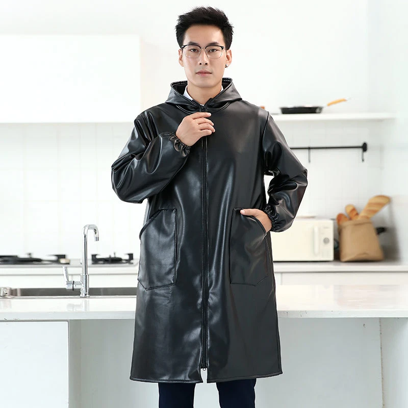 皮工作服男新款厨房加绒加厚PU罩衣大人秋冬季防水防油长袖围裙