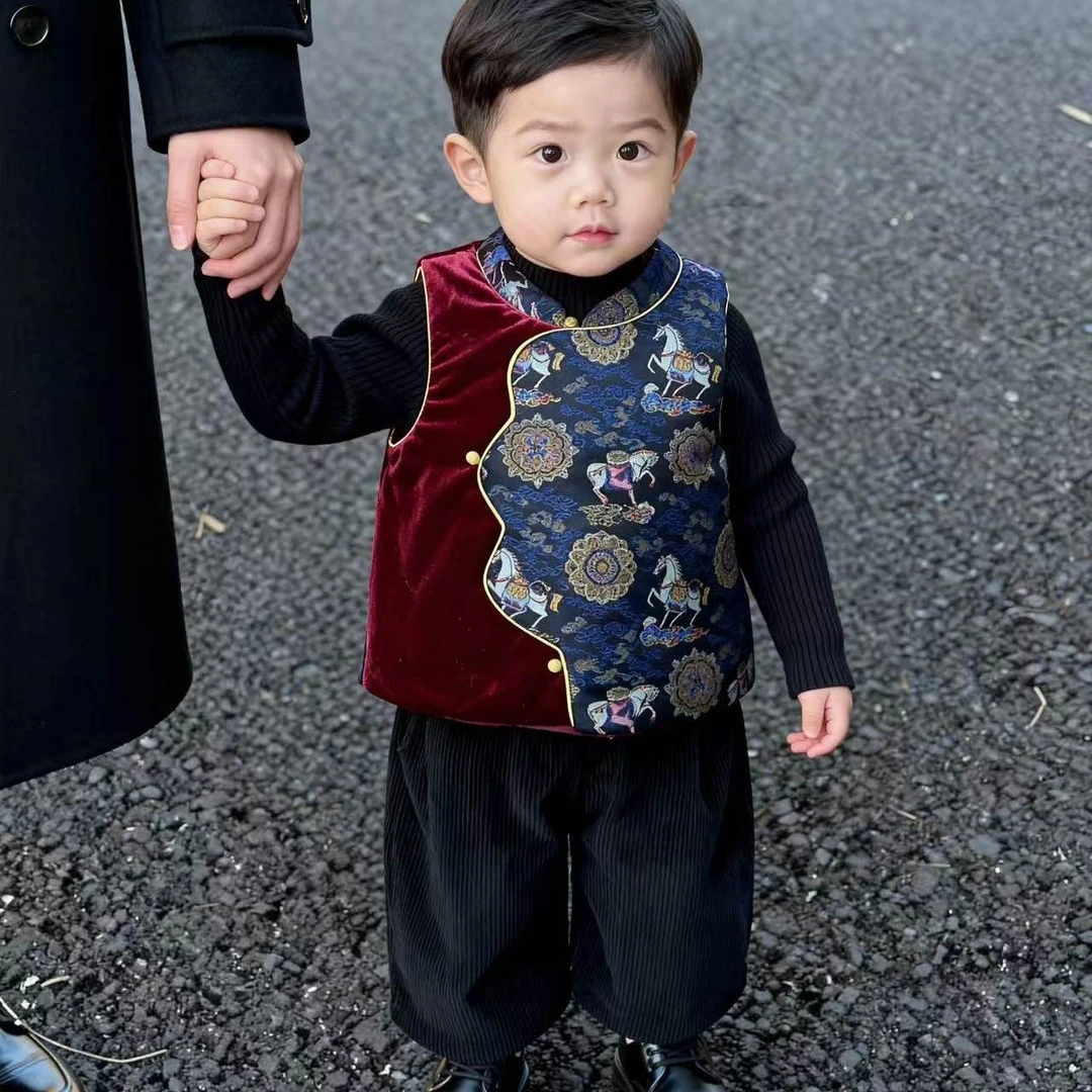 马年周岁礼服男宝唐装马甲秋冬小少爷中式国风男童拜年服夹棉背心