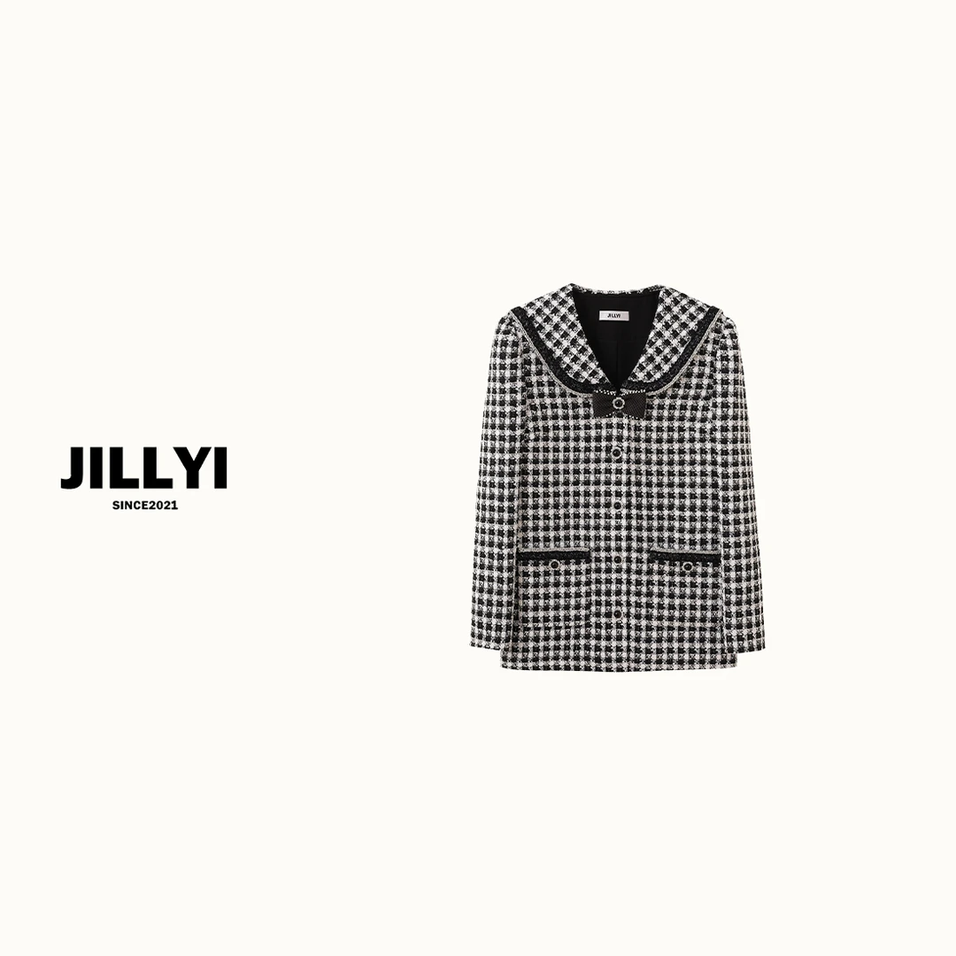 JILLYI南山店【夜幕格纹】黑白格子元宝领轻奢风优雅时尚外套