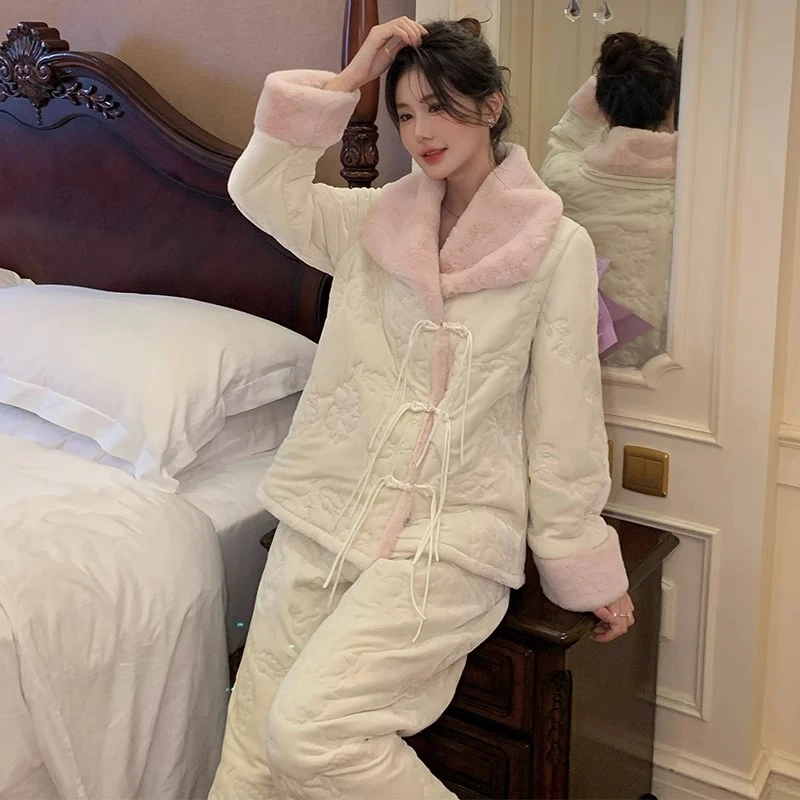 中国风盘扣睡衣女冬季特厚三层夹棉加厚加绒家居服保暖可外穿套装