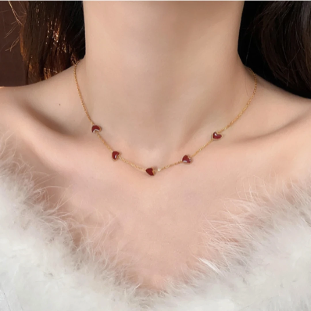 钛钢项链 不掉色法式高级感酒红滴釉爱心时尚百搭锁骨链项链A803