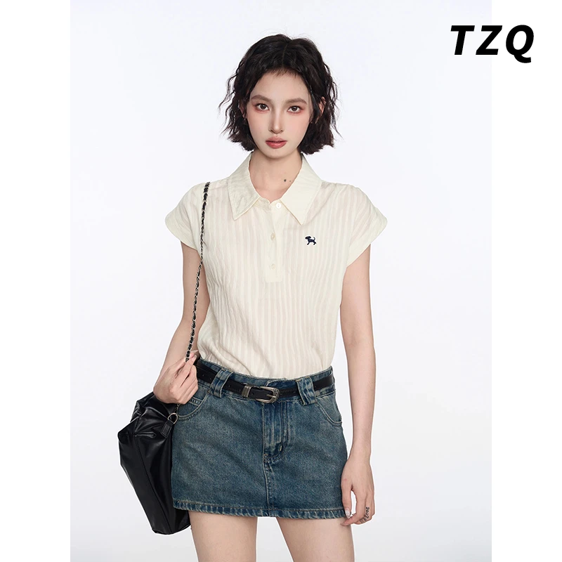 竖条纹小飞袖polo衫短袖t恤女夏季修身短款polo领上衣TZQ2552866