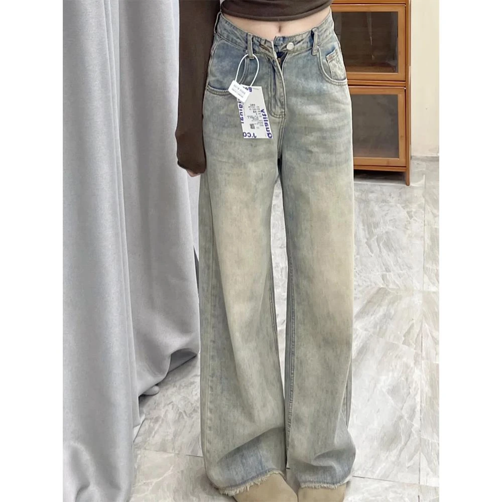 复古怀旧黄泥色毛边阔腿牛仔裤女胖mm梨形身材大码美式直筒拖地裤