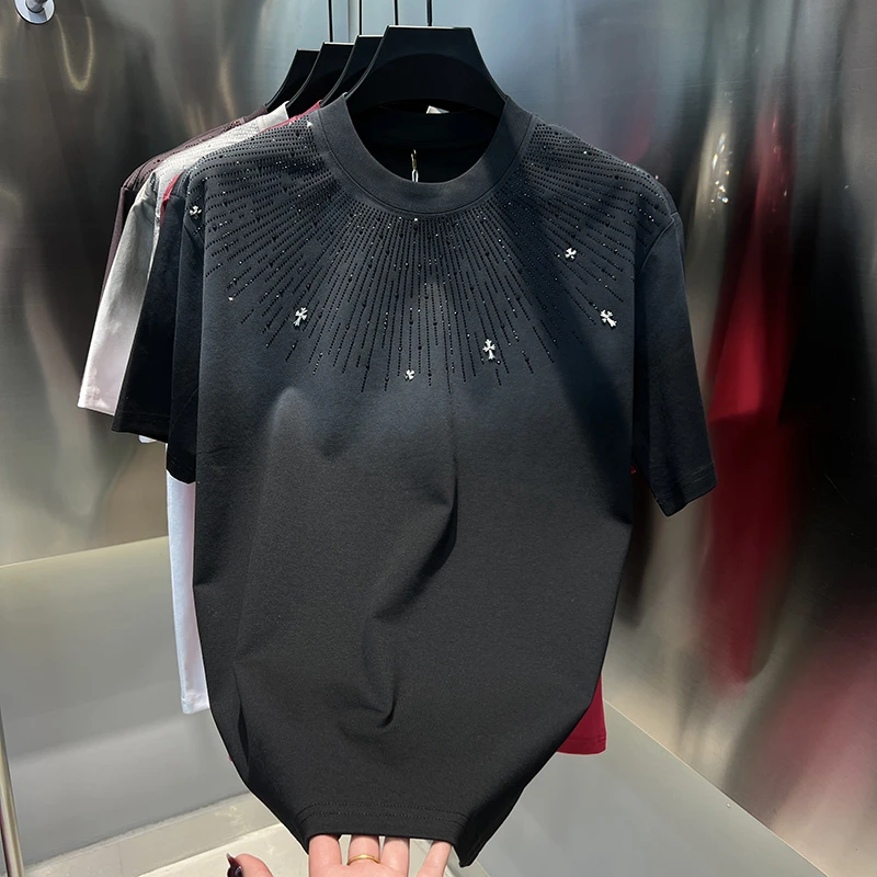 2025年春夏男士新款休闲高品质烫钻短袖百搭晕染T恤时尚男装半袖