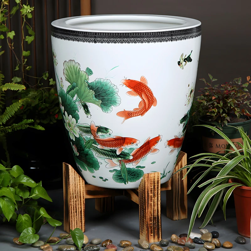加高款陶瓷鱼缸大型荷花缸室内客厅子画卷收纳插画干花装饰盆阳台