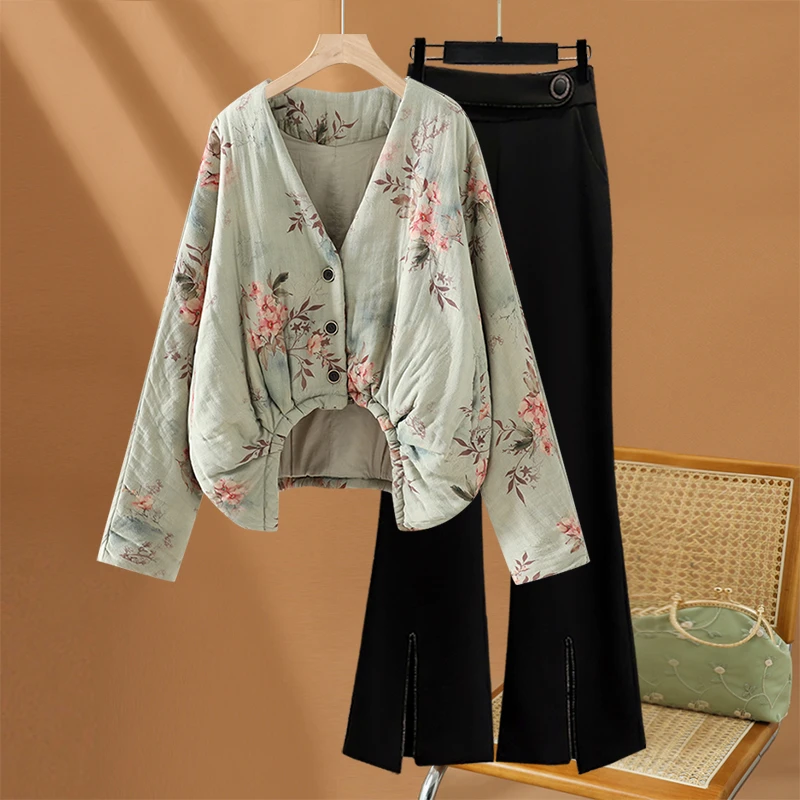 新中式国风套装女士秋冬新款大码独特漂亮超好看棉服阔腿裤两件套